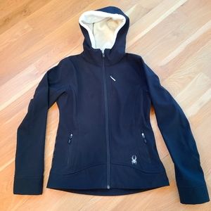 Spyder Black Lighweight Jacket with White Fuzzy Hood Women's Medium